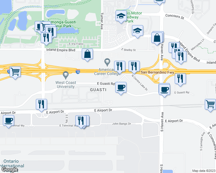 map of restaurants, bars, coffee shops, grocery stores, and more near 3110 East Guasti Road in Ontario