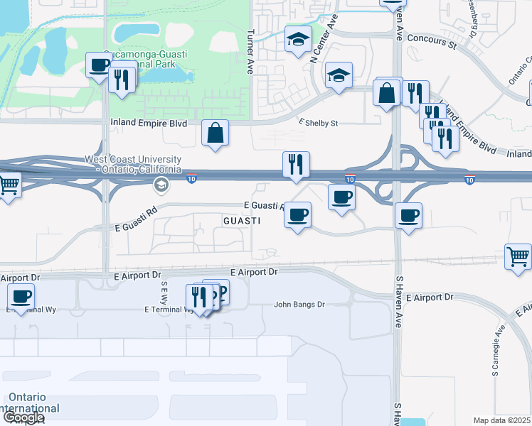 map of restaurants, bars, coffee shops, grocery stores, and more near 3110 East Guasti Road in Ontario