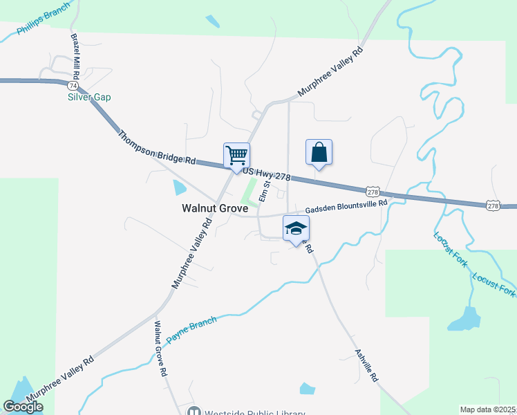map of restaurants, bars, coffee shops, grocery stores, and more near Elm Street in Walnut Grove