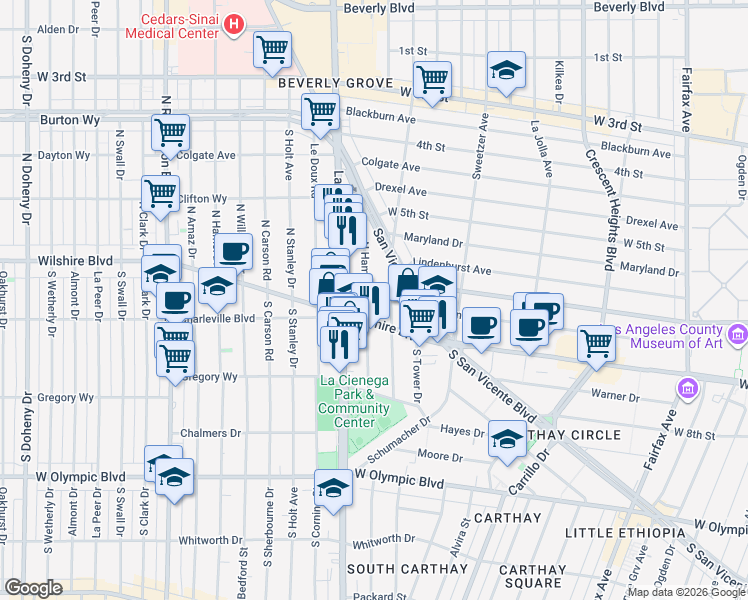 map of restaurants, bars, coffee shops, grocery stores, and more near 112 North Hamilton Drive in Beverly Hills