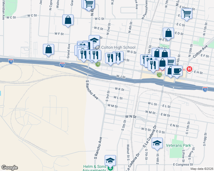 map of restaurants, bars, coffee shops, grocery stores, and more near 191 South 3rd Street in Colton