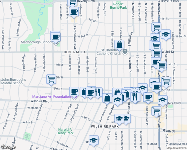 map of restaurants, bars, coffee shops, grocery stores, and more near 455 Lorraine Boulevard in Los Angeles