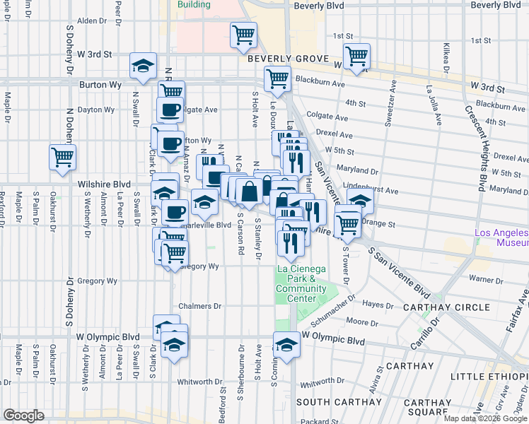 map of restaurants, bars, coffee shops, grocery stores, and more near in Beverly Hills