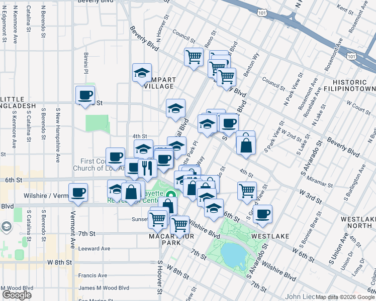 map of restaurants, bars, coffee shops, grocery stores, and more near 435 South La Fayette Park Place in Los Angeles