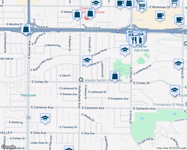 map of restaurants, bars, coffee shops, grocery stores, and more near 506 South Fircroft Street in West Covina