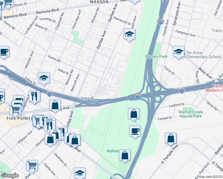 map of restaurants, bars, coffee shops, grocery stores, and more near 12541 Pinehurst Street in El Monte