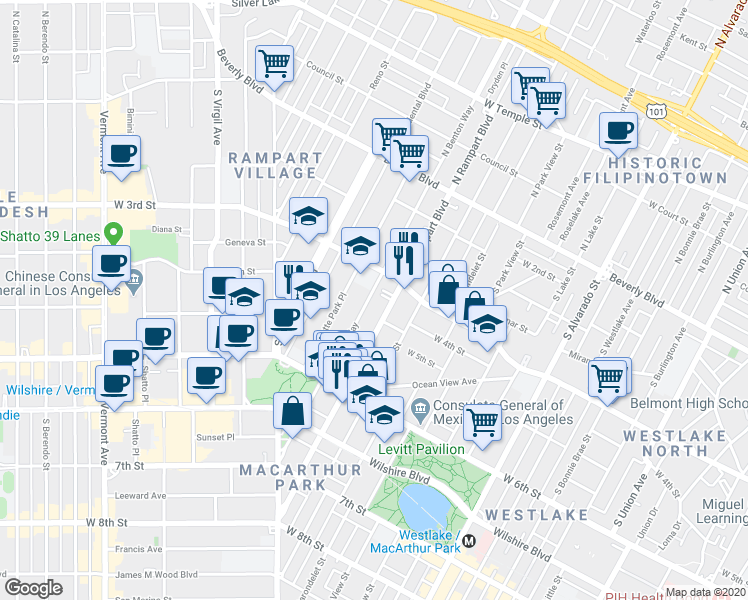 map of restaurants, bars, coffee shops, grocery stores, and more near 340 South Benton Way in Los Angeles