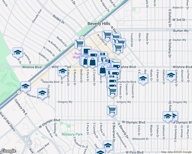map of restaurants, bars, coffee shops, grocery stores, and more near 140 South Camden Drive in Beverly Hills