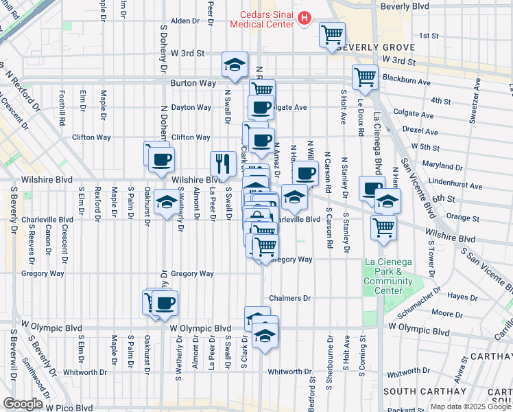 map of restaurants, bars, coffee shops, grocery stores, and more near 1566 South Clark Drive in Beverly Hills