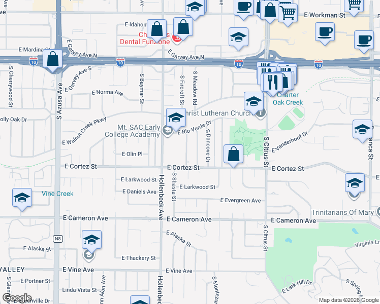 map of restaurants, bars, coffee shops, grocery stores, and more near 506 South Fircroft Street in West Covina