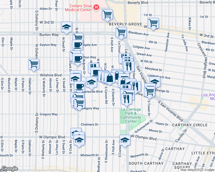 map of restaurants, bars, coffee shops, grocery stores, and more near in Beverly Hills