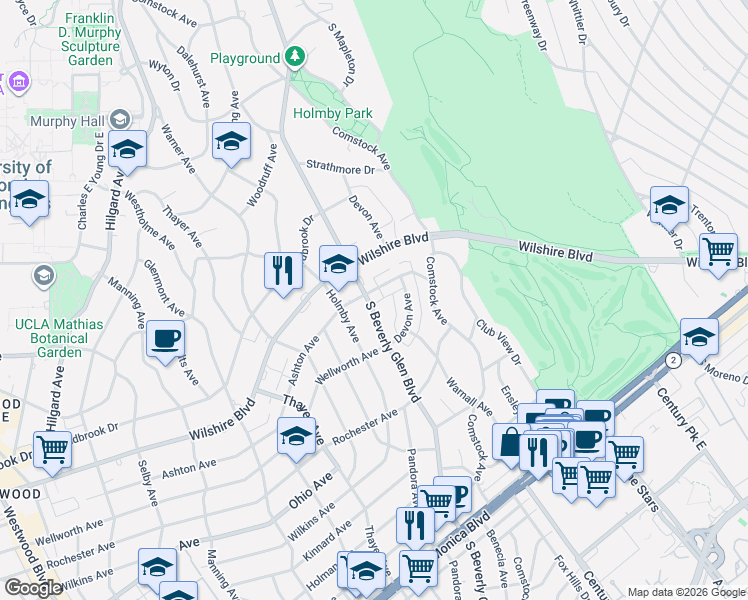 map of restaurants, bars, coffee shops, grocery stores, and more near 1238 South Beverly Glen Boulevard in Los Angeles