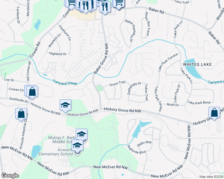 map of restaurants, bars, coffee shops, grocery stores, and more near 4323 Peach Terrace in Acworth