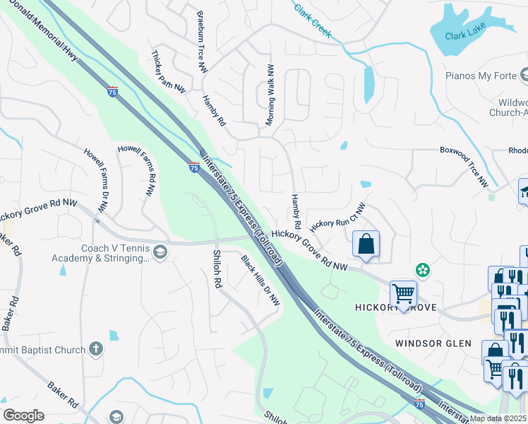 map of restaurants, bars, coffee shops, grocery stores, and more near 2284 Cottrell Lane in Acworth