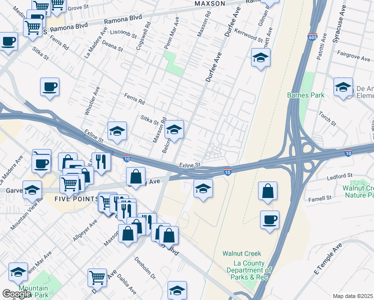 map of restaurants, bars, coffee shops, grocery stores, and more near 3462 Durfee Avenue in El Monte