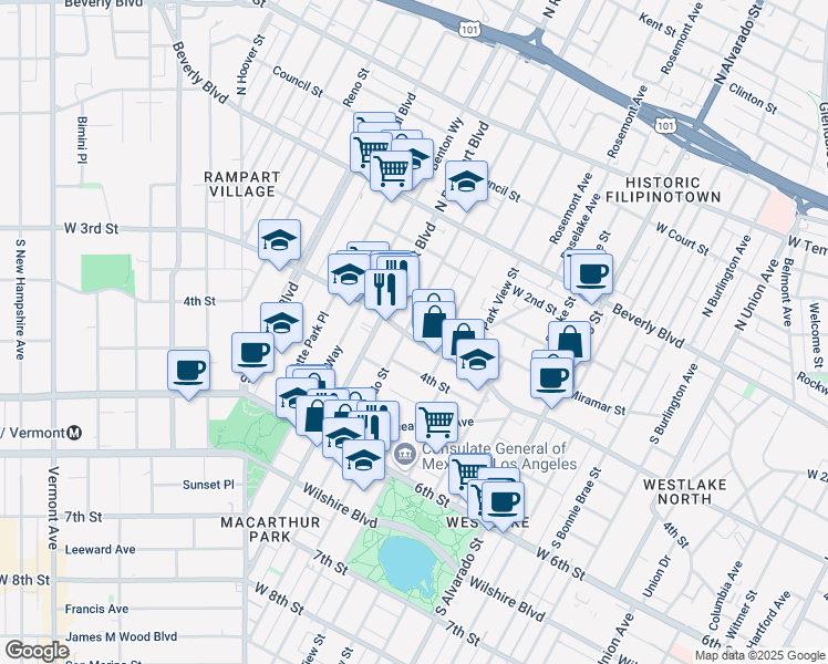 map of restaurants, bars, coffee shops, grocery stores, and more near 314 South Coronado Street in Los Angeles