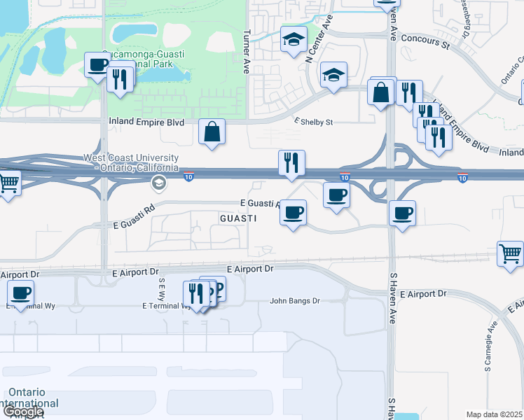 map of restaurants, bars, coffee shops, grocery stores, and more near 320 North Turner Avenue in Ontario