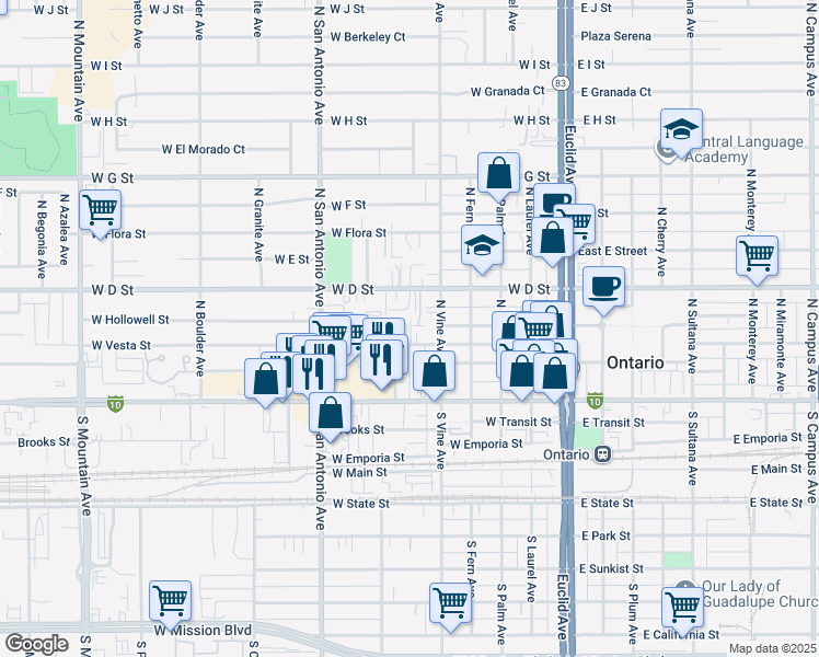 map of restaurants, bars, coffee shops, grocery stores, and more near 525 West Vesta Street in Ontario