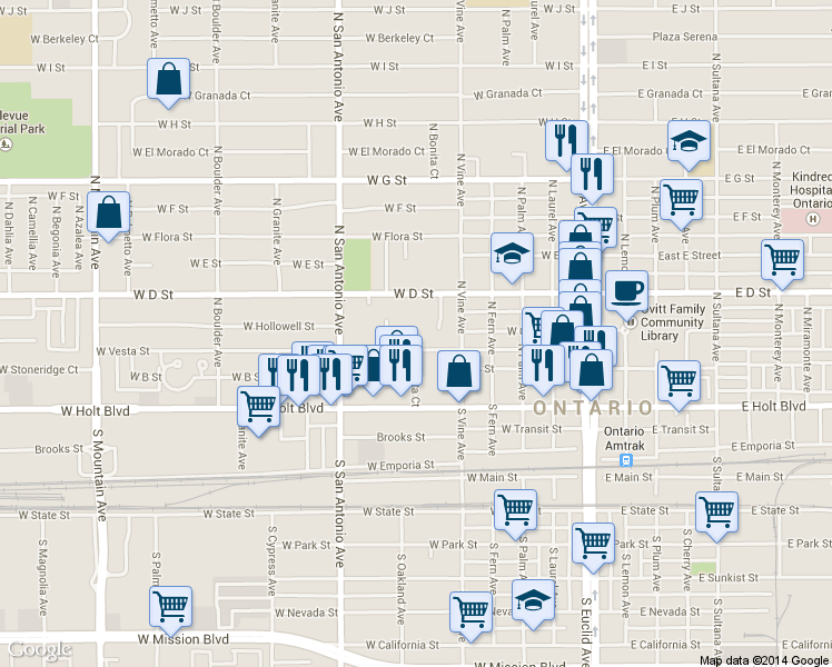 map of restaurants, bars, coffee shops, grocery stores, and more near 525 West Vesta Street in Ontario
