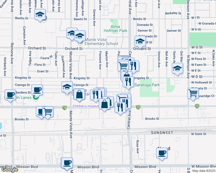 map of restaurants, bars, coffee shops, grocery stores, and more near 5125 Bandera Street in Montclair