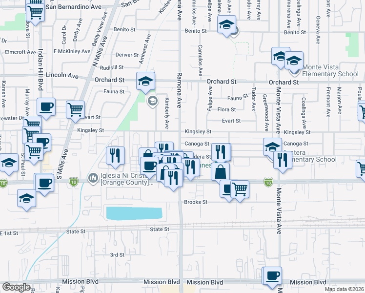map of restaurants, bars, coffee shops, grocery stores, and more near 4524 Bandera Street in Montclair