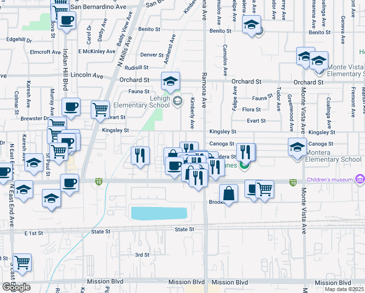 map of restaurants, bars, coffee shops, grocery stores, and more near 4391 Bandera Street in Montclair