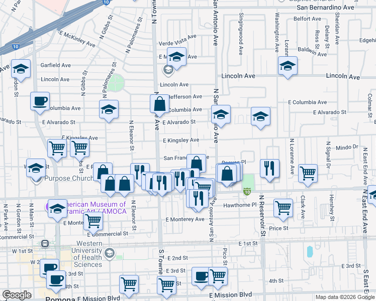 map of restaurants, bars, coffee shops, grocery stores, and more near 678 San Francisco Avenue in Pomona