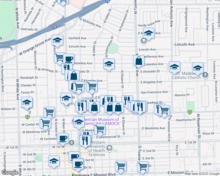 map of restaurants, bars, coffee shops, grocery stores, and more near 428 San Francisco Avenue in Pomona