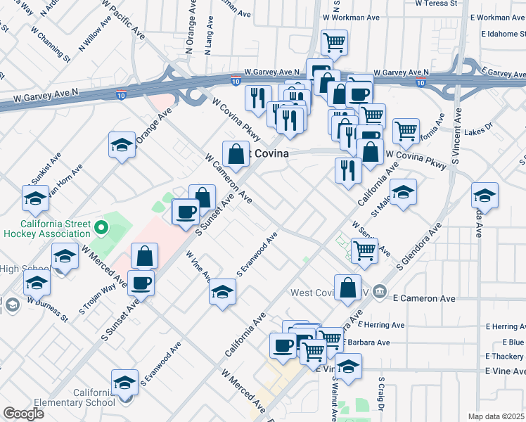 map of restaurants, bars, coffee shops, grocery stores, and more near 1219 West Crumley Street in West Covina