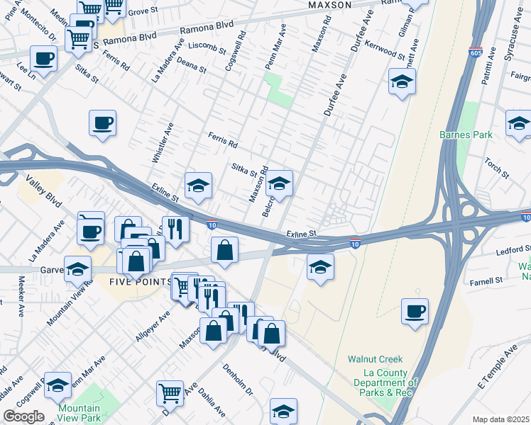 map of restaurants, bars, coffee shops, grocery stores, and more near 12305 Exline Street in El Monte