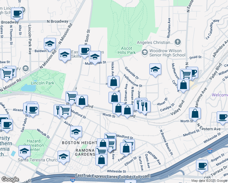 map of restaurants, bars, coffee shops, grocery stores, and more near 4321 Valley Boulevard in Los Angeles