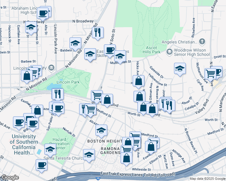 map of restaurants, bars, coffee shops, grocery stores, and more near 4121 East Valley Boulevard in Los Angeles