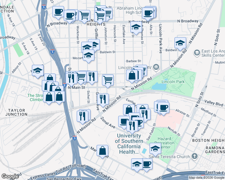 map of restaurants, bars, coffee shops, grocery stores, and more near 1809 Hancock Street in Los Angeles