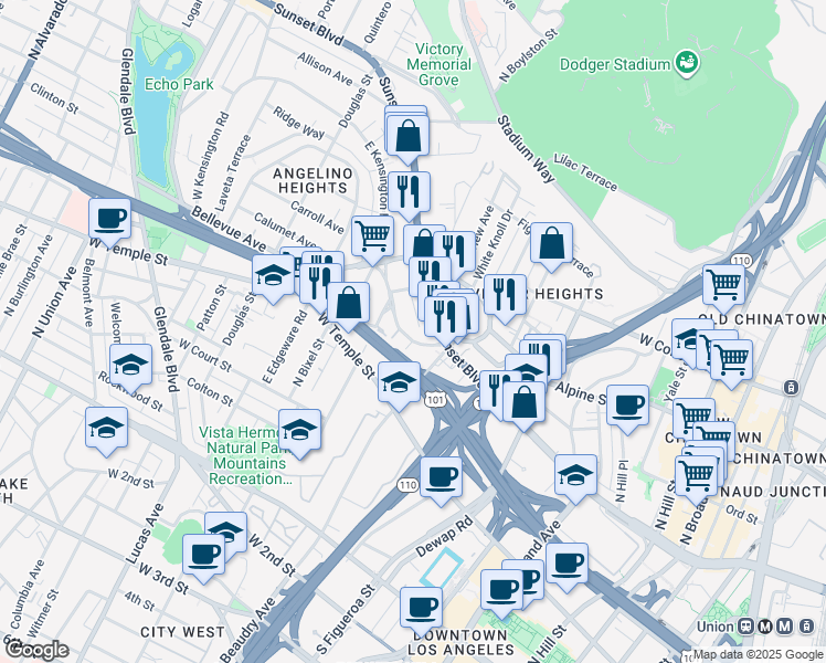 map of restaurants, bars, coffee shops, grocery stores, and more near 501 Victor Street in Los Angeles