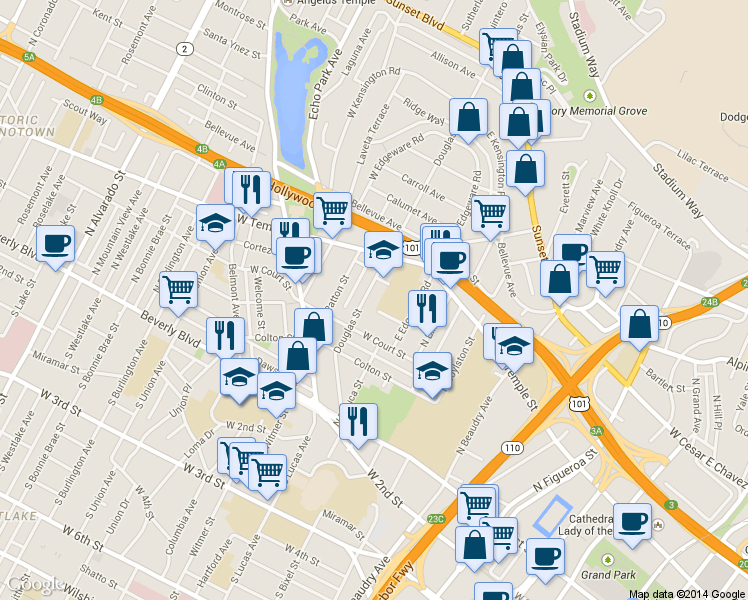 map of restaurants, bars, coffee shops, grocery stores, and more near 1336 West Angelina Street in Los Angeles