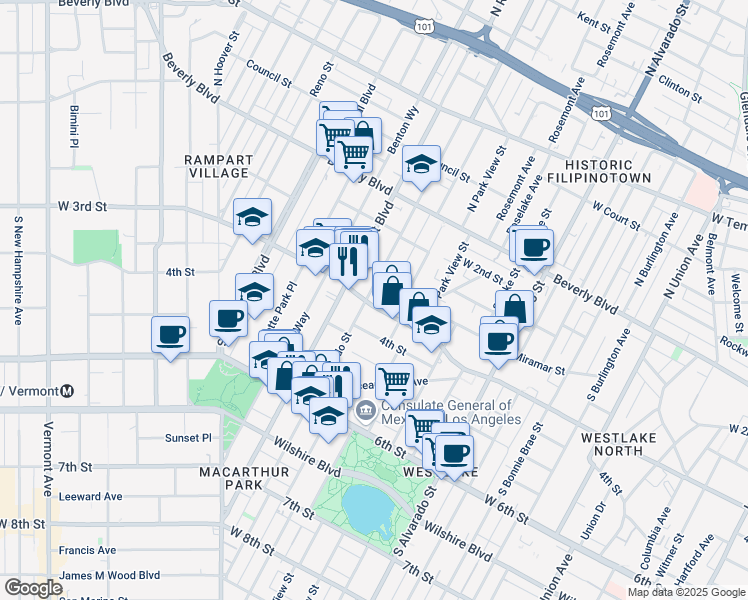 map of restaurants, bars, coffee shops, grocery stores, and more near 314 South Coronado Street in Los Angeles