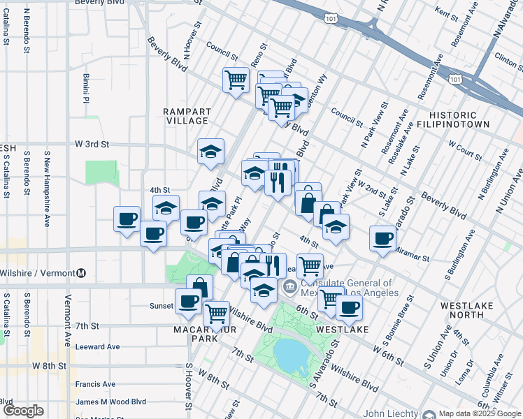 map of restaurants, bars, coffee shops, grocery stores, and more near 336 South Rampart Boulevard in Los Angeles