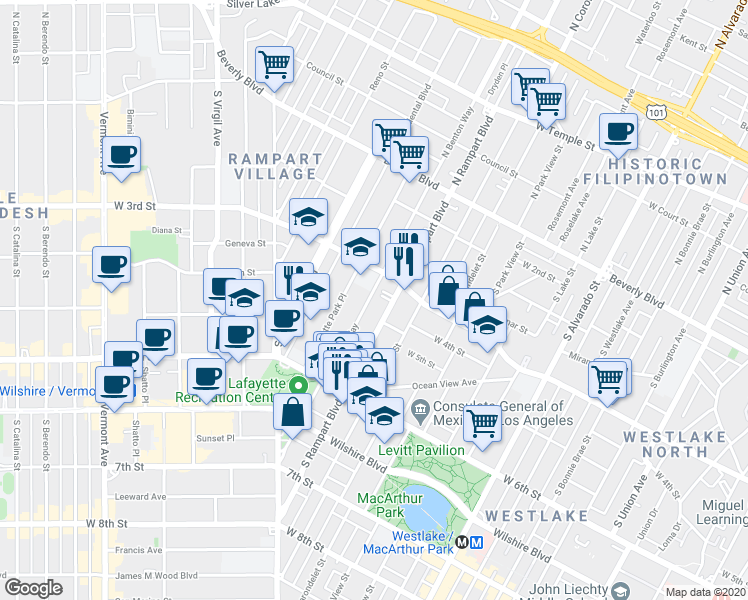 map of restaurants, bars, coffee shops, grocery stores, and more near 336 South Rampart Boulevard in Los Angeles