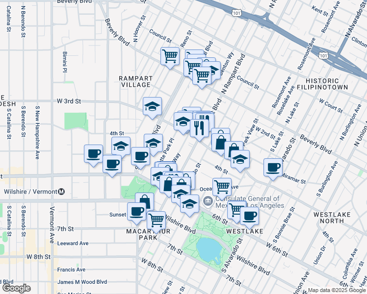 map of restaurants, bars, coffee shops, grocery stores, and more near 336 South Rampart Boulevard in Los Angeles