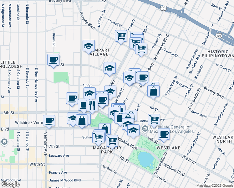 map of restaurants, bars, coffee shops, grocery stores, and more near 435 South La Fayette Park Place in Los Angeles