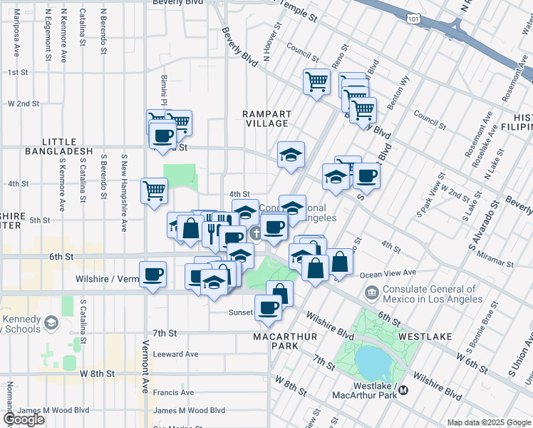 map of restaurants, bars, coffee shops, grocery stores, and more near 435 South Occidental Boulevard in Los Angeles