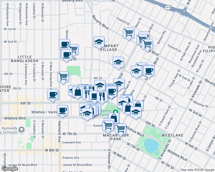 map of restaurants, bars, coffee shops, grocery stores, and more near 435 South Occidental Boulevard in Los Angeles