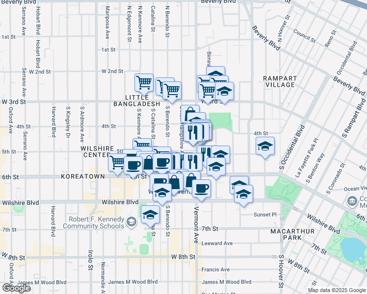 map of restaurants, bars, coffee shops, grocery stores, and more near 512 South New Hampshire Avenue in Los Angeles