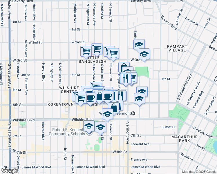map of restaurants, bars, coffee shops, grocery stores, and more near 501 South Berendo Street in Los Angeles