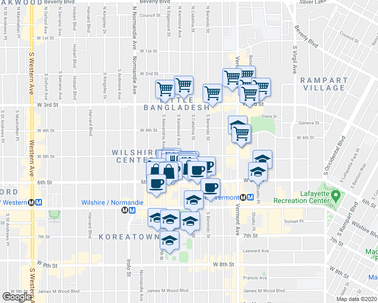 map of restaurants, bars, coffee shops, grocery stores, and more near 510 South Kenmore Avenue in Los Angeles