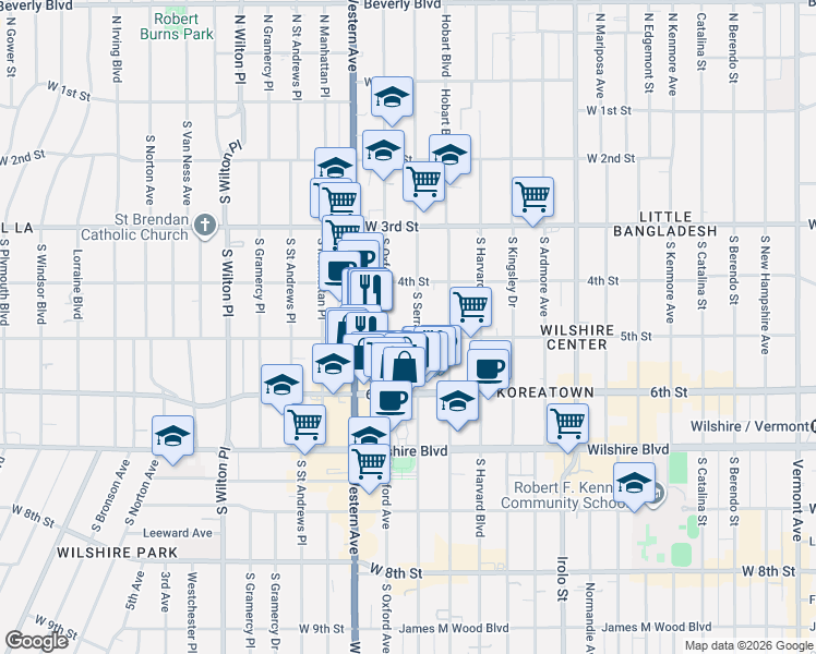 map of restaurants, bars, coffee shops, grocery stores, and more near 508 South Serrano Avenue in Los Angeles