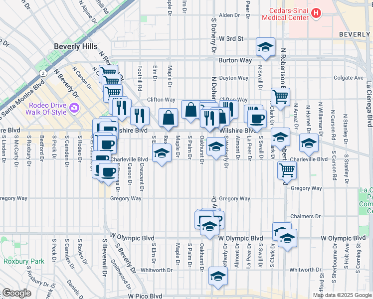 map of restaurants, bars, coffee shops, grocery stores, and more near 183 South Palm Drive in Los Angeles