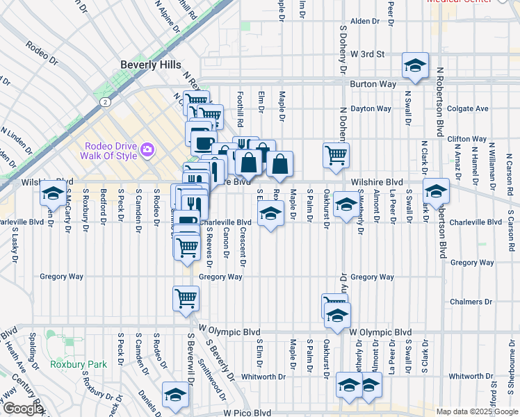 map of restaurants, bars, coffee shops, grocery stores, and more near 159 South Elm Drive in Beverly Hills