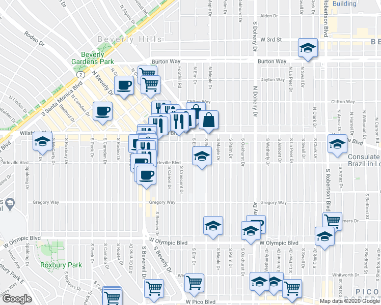 map of restaurants, bars, coffee shops, grocery stores, and more near 159 South Elm Drive in Beverly Hills
