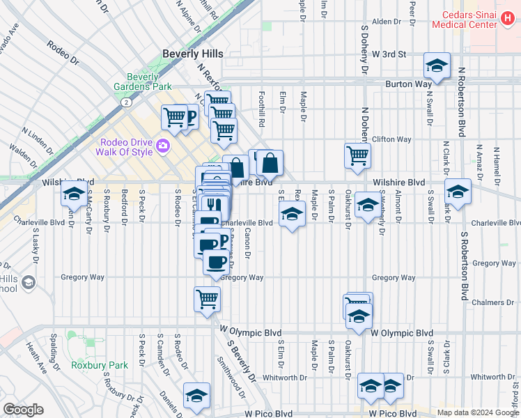 map of restaurants, bars, coffee shops, grocery stores, and more near 9379 Charleville Boulevard in Beverly Hills